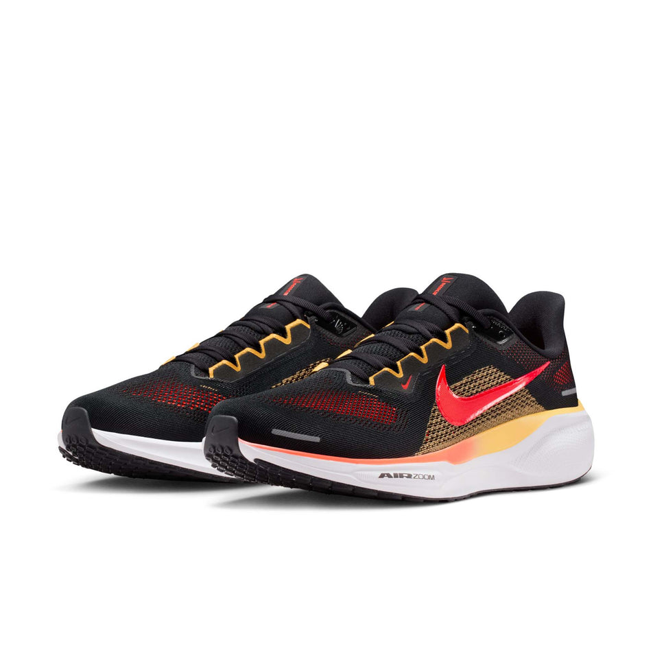 A pair of Nike Men's Pegasus 41 Road Running Shoes in the Black/Bright Crimson-Topaz Gold colourway.