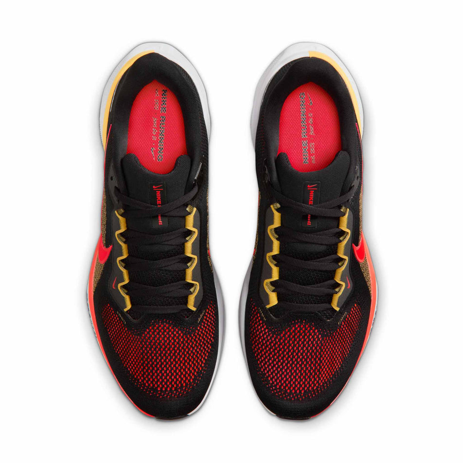 The uppers of a pair of Nike Men's Pegasus 41 Road Running Shoes in the Black/Bright Crimson-Topaz Gold colourway.