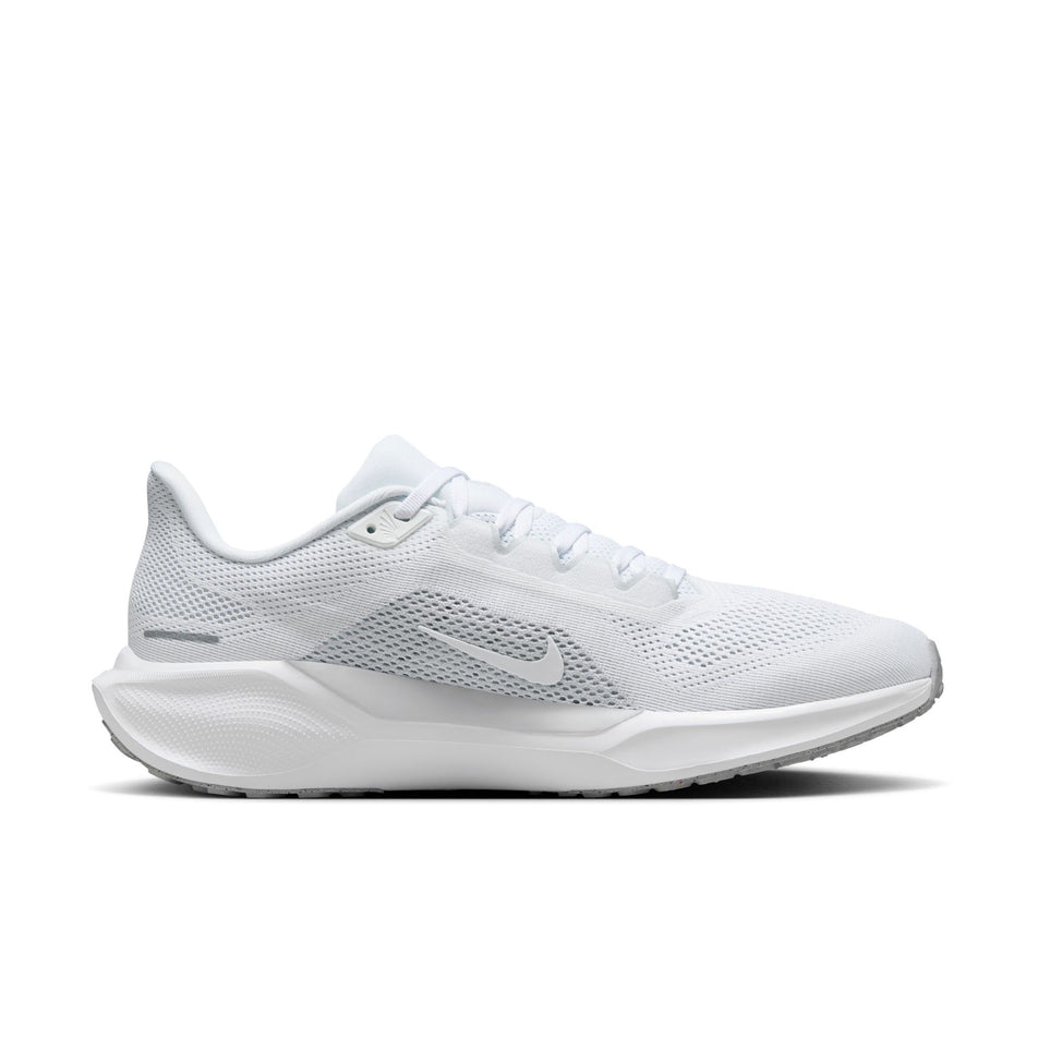 Medial view of the left shoe from a pair of Nike Men's Pegasus 41 Road Running Shoes in the White/White-Pure Platinum colourway. (8684390776994)