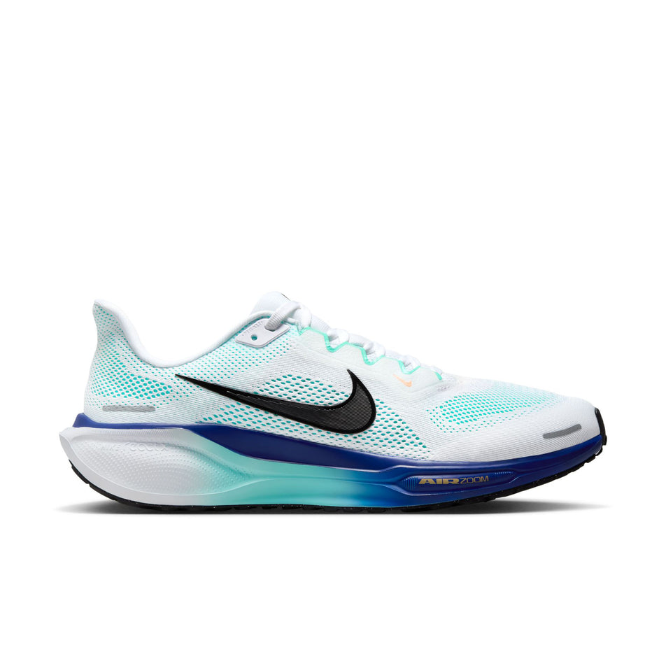 Lateral view of the right shoe from a pair of Nike Men's Pegasus 41 Road Running Shoes in the White/Black-Hyper Turquoise-Concord colourway. (8754773917858)