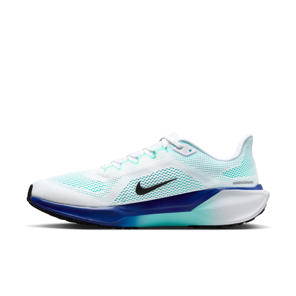 Medial view of the right shoe from a pair of Nike Men's Pegasus 41 Road Running Shoes in the White/Black-Hyper Turquoise-Concord colourway. (8754773917858)