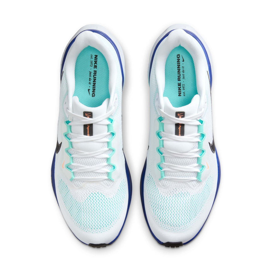 The uppers of a pair of Nike Men's Pegasus 41 Road Running Shoes in the White/Black-Hyper Turquoise-Concord colourway. (8754773917858)
