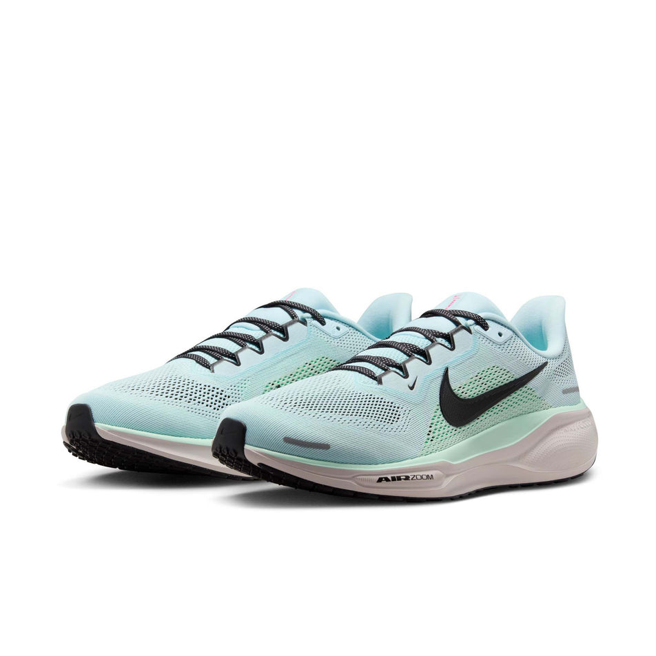A pair of Nike Men's Pegasus 41 Road Running Shoes in the Glacier Ice/Black-Mint Foam-Hyper Pink colourway. (8684404801698)