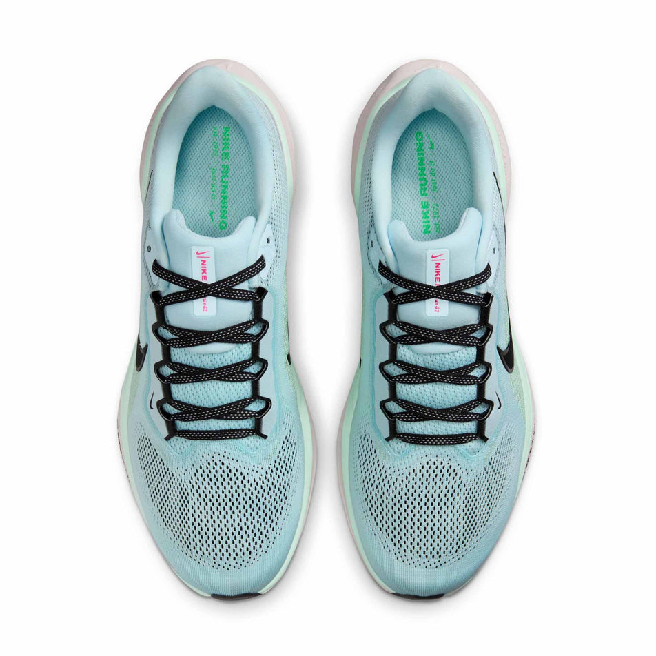 The uppers of a pair of Nike Men's Pegasus 41 Road Running Shoes in the Glacier Ice/Black-Mint Foam-Hyper Pink colourway. (8684404801698)