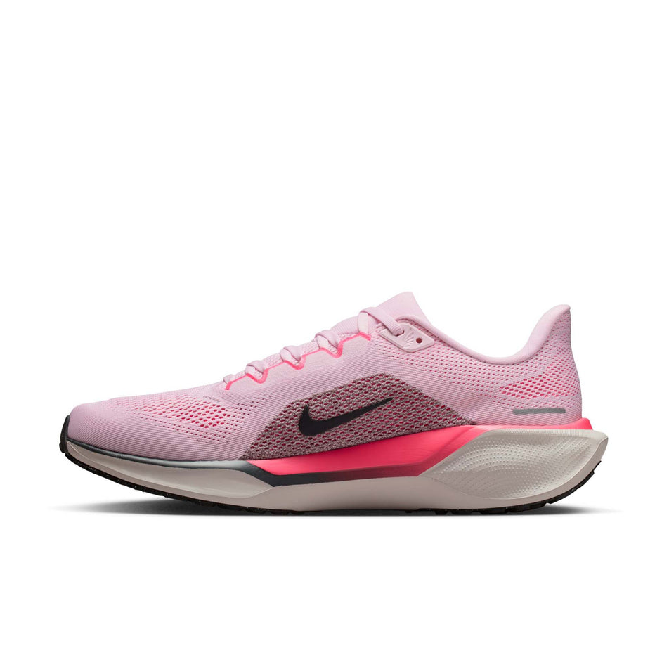 Medial view of the right shoe from a pair of Nike Men's Pegasus 41 Road Running Shoes in the Pink Foam/Off Noir-Taupe Grey-Hyper Pink colourway. (8791555080354)