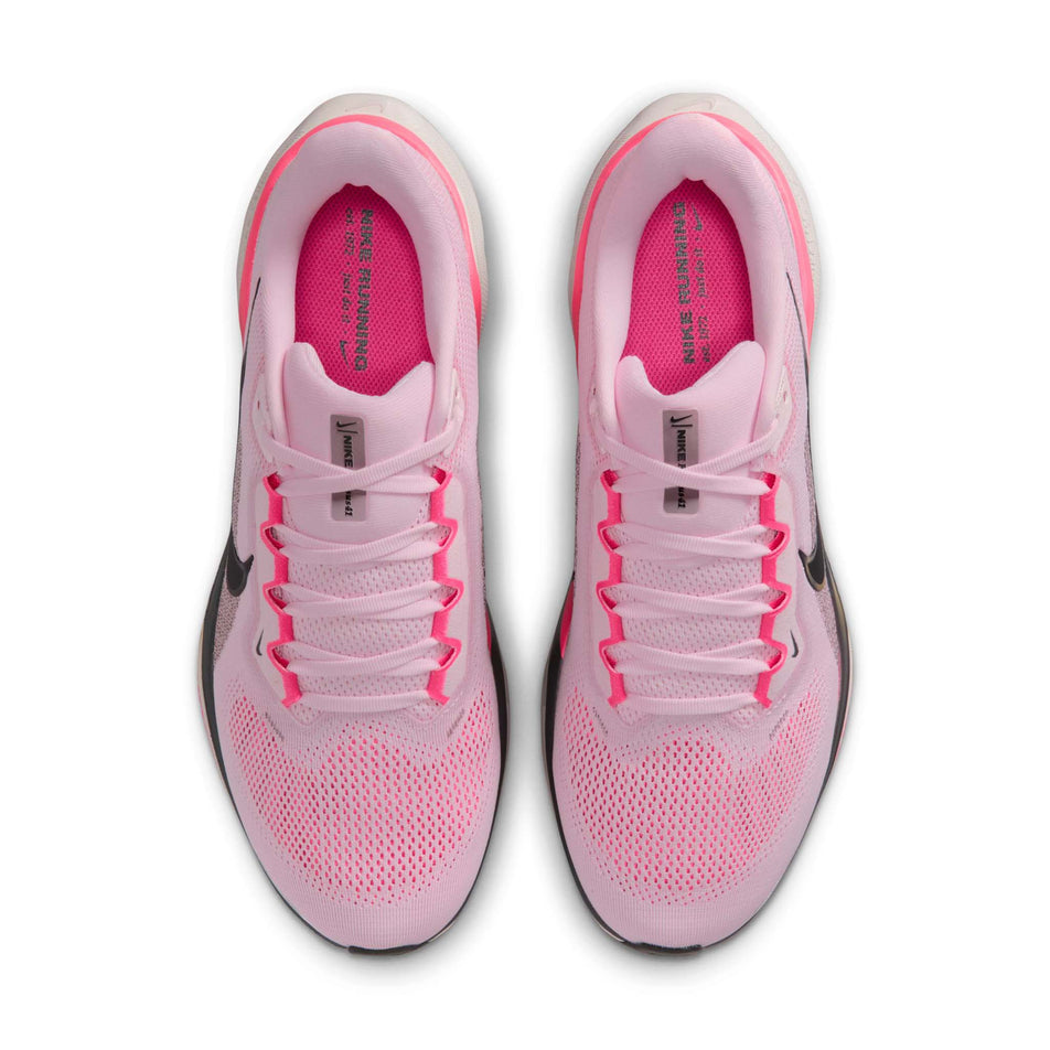The uppers of a pair of Nike Men's Pegasus 41 Road Running Shoes in the Pink Foam/Off Noir-Taupe Grey-Hyper Pink colourway. (8791555080354)