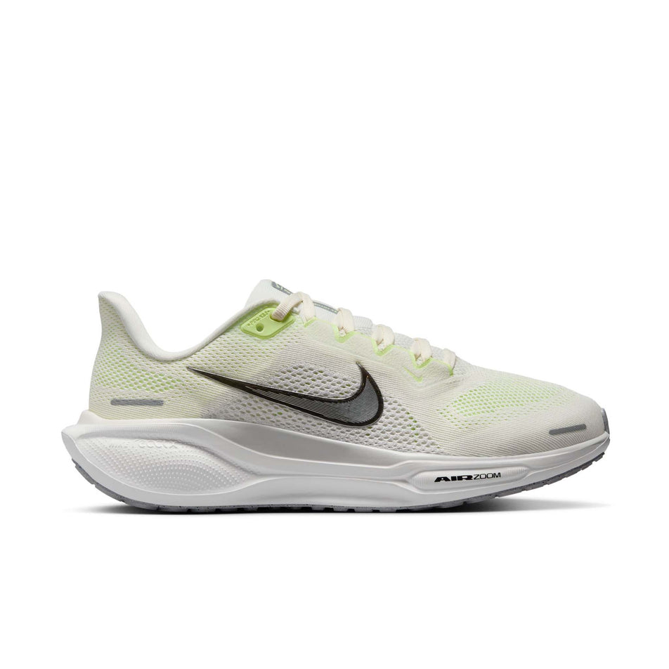 Lateral view of the right shoe from a pair of Nike Women's Pegasus 41 Road Running Shoes in the Sail/Metallic Silver-Photon Dust colourway. (8724651770018)