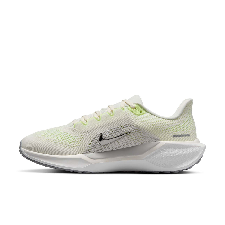 Medial view of the right shoe from a pair of Nike Women's Pegasus 41 Road Running Shoes in the Sail/Metallic Silver-Photon Dust colourway. (8724651770018)