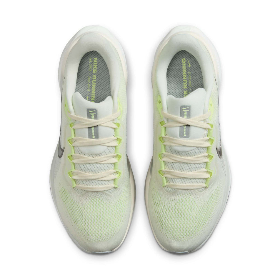 The uppers of a pair of Nike Women's Pegasus 41 Road Running Shoes in the Sail/Metallic Silver-Photon Dust colourway. (8724651770018)