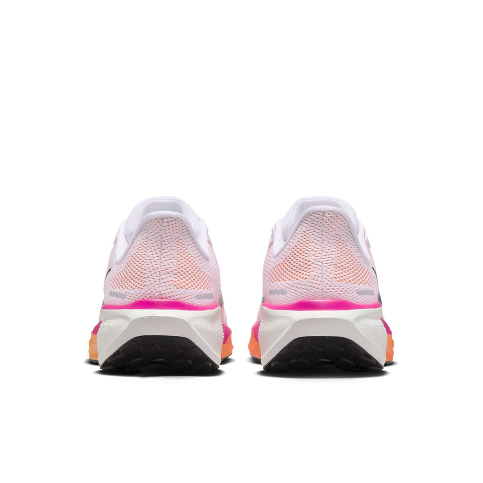 The back of a pair of Nike Women's Pegasus 41 Road Running Shoes in the White/Black-Fire Pink-Orange Pulse colourway. (8756152271010)