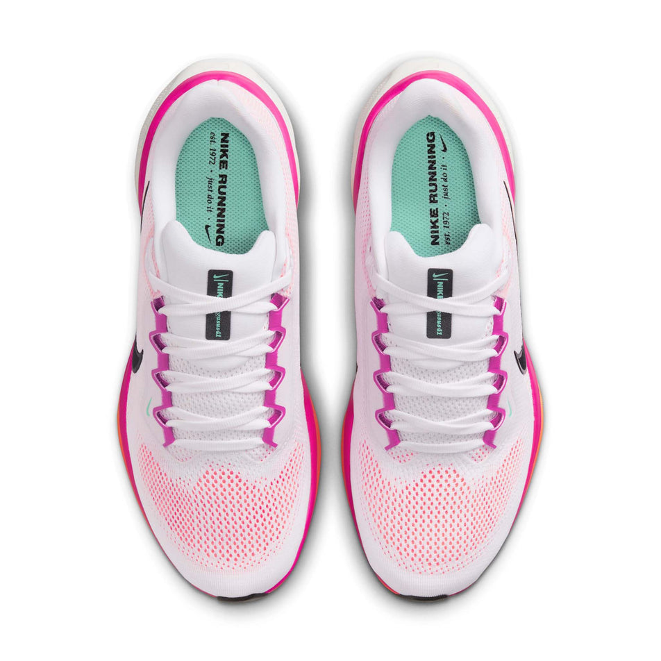 The uppers of a pair of Nike Women's Pegasus 41 Road Running Shoes in the White/Black-Fire Pink-Orange Pulse colourway. (8756152271010)