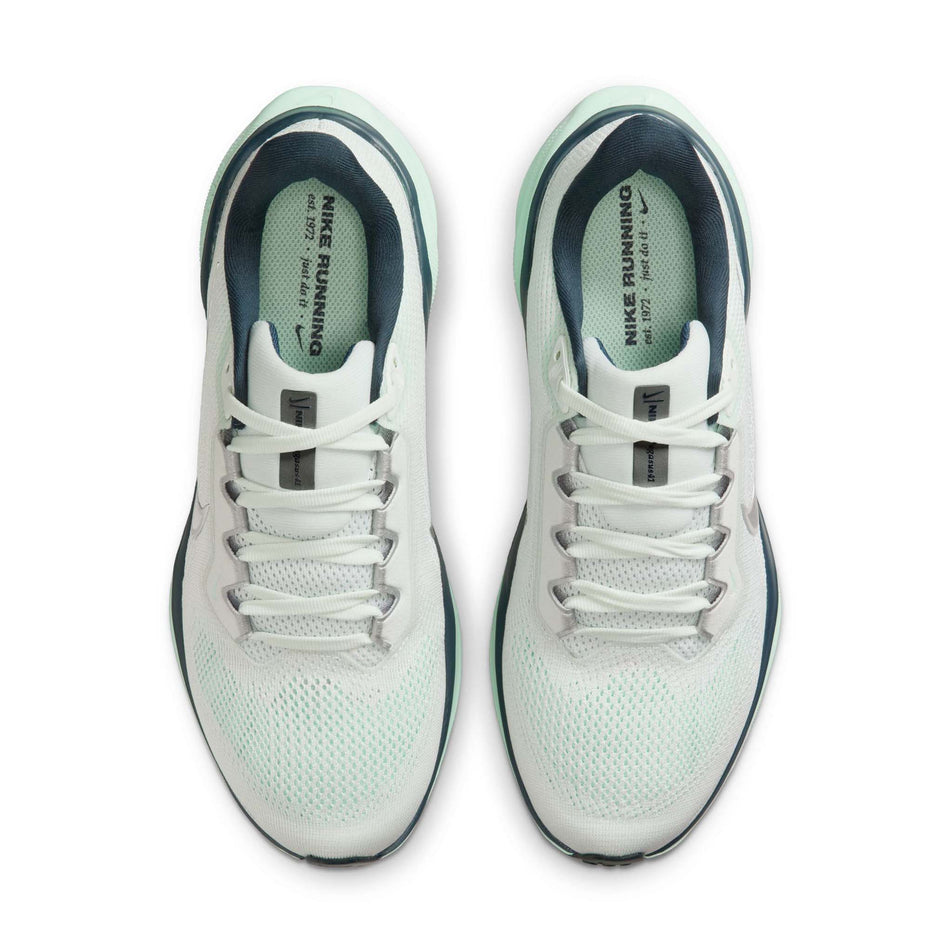 The uppers of a pair of Nike Women's Pegasus 41 Road Running Shoes in the Ghost Aqua/Metallic Silver-Mint Foam colourway. (8686784610466)