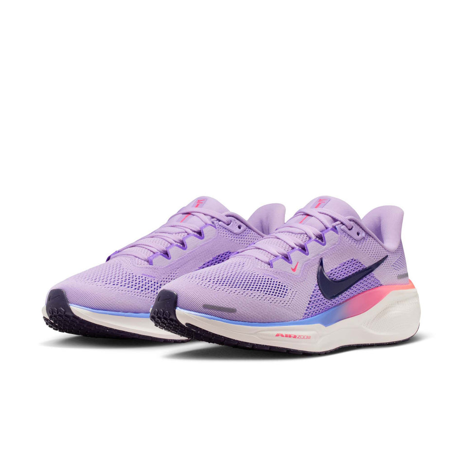 A pair of Nike Women's Pegasus 41 Road Running Shoes in the Violet Mist/Purple Dynasty-Bright Violet colourway.