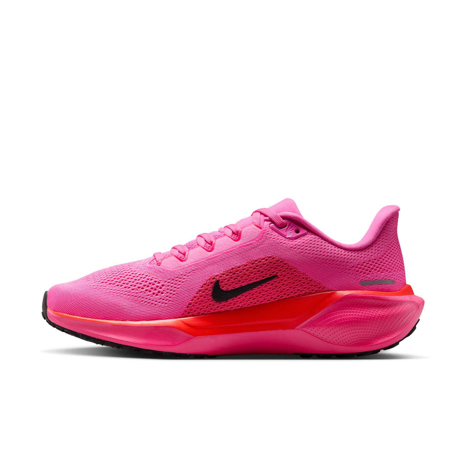 Medial view of the right shoe from a pair of Nike Women's Pegasus 41 Road Running Shoes in the Playful Pink/Off Noir-Hyper Pink colourway. (8686785986722)
