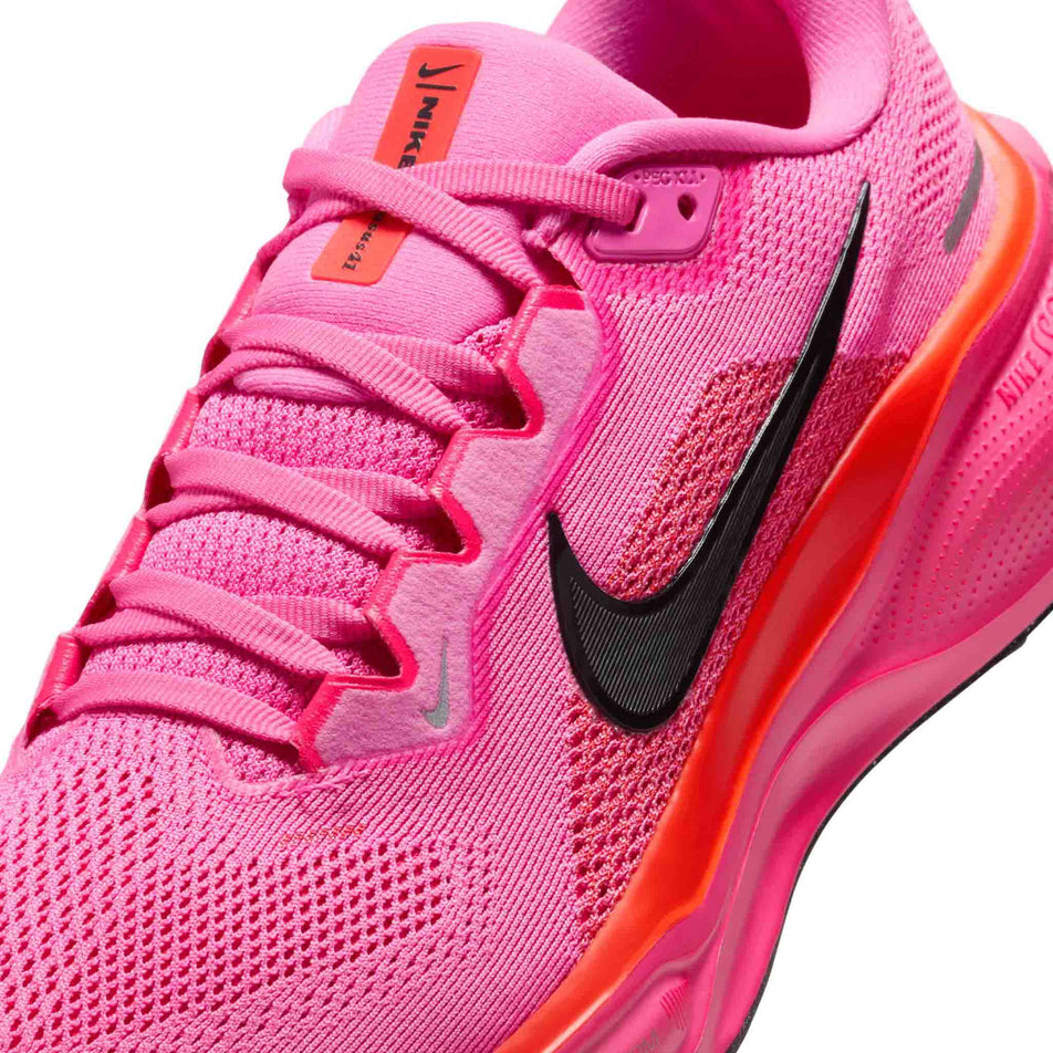 Close up of the upper of the left shoe from a pair of Nike Women's Pegasus 41 Road Running Shoes in the Playful Pink/Off Noir-Hyper Pink colourway. (8686785986722)