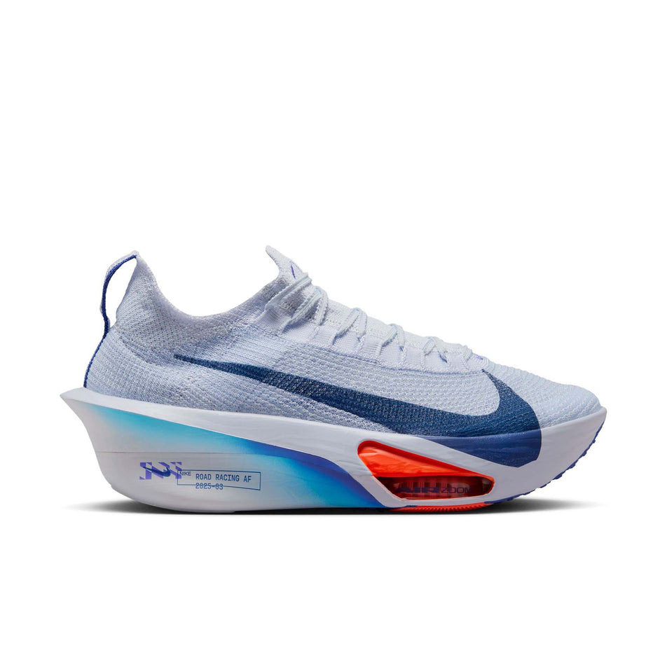 Lateral view of the right shoe from a pair of Nike Men's Alphafly 3 Road Racing Shoes in the Football Grey/Blue Void-Ghost colourway. (8613774229666)