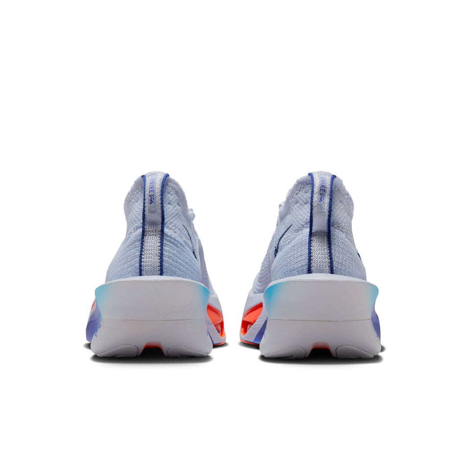 The back of a pair of Nike Men's Alphafly 3 Road Racing Shoes in the Football Grey/Blue Void-Ghost colourway. (8613774229666)