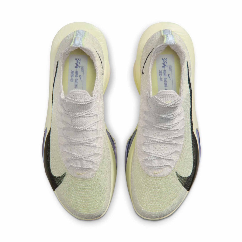 The uppers of a pair of Nike Men's Alphafly 3 Road Racing Shoes in the Phantom/Sequoia-Ultralime-Citron Tint colourway.
