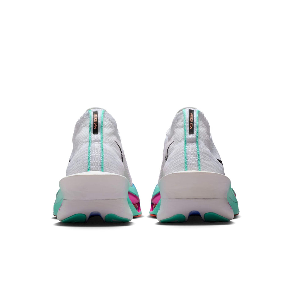 The back of a pair of Nike Men's Alphafly 3 Road Racing Shoes in the White/Black-Hyper Turquoise-Concord colourway.