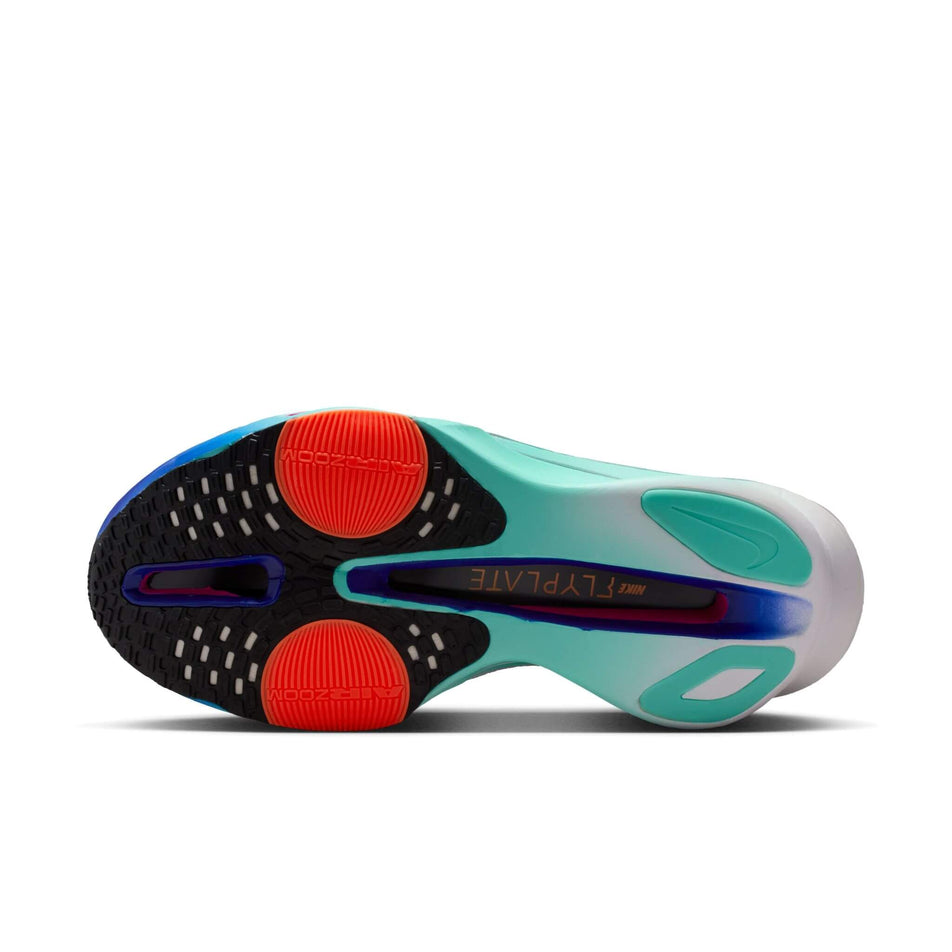 Outsole of the left shoe from a pair of Nike Men's Alphafly 3 Road Racing Shoes in the White/Black-Hyper Turquoise-Concord colourway.
