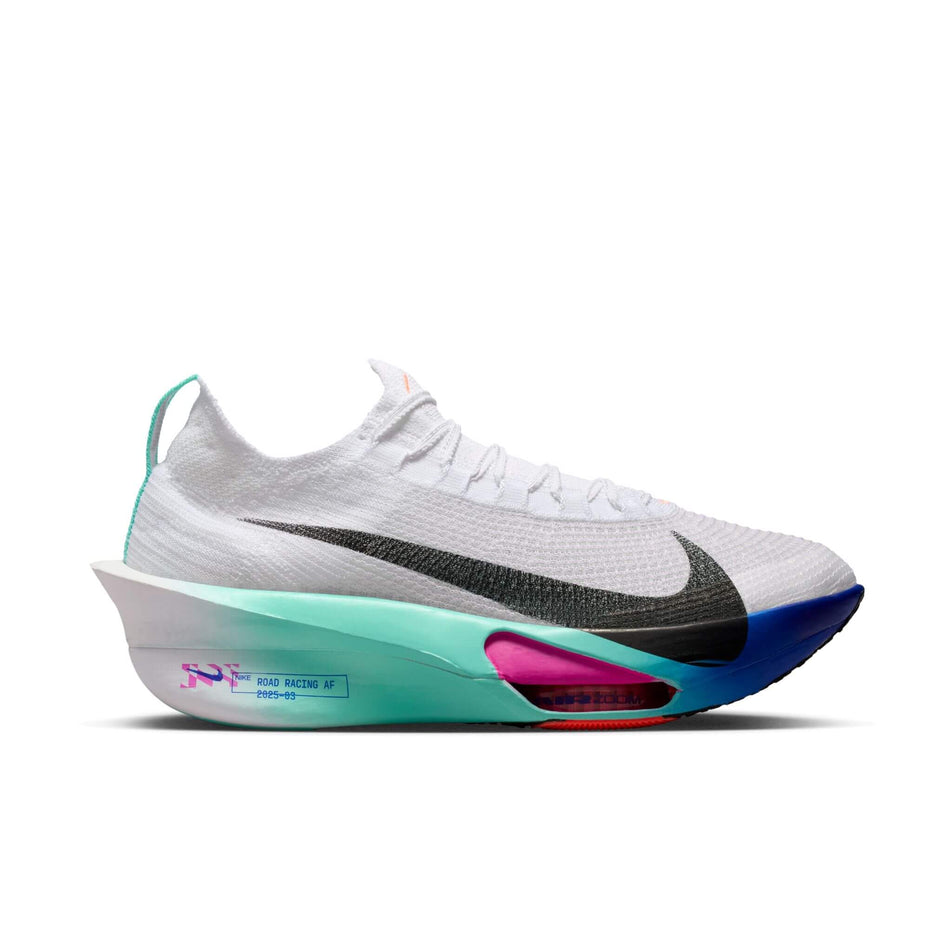 Lateral side of the right shoe from a pair of Nike Men's Alphafly 3 Road Racing Shoes in the White/Black-Hyper Turquoise-Concord colourway.