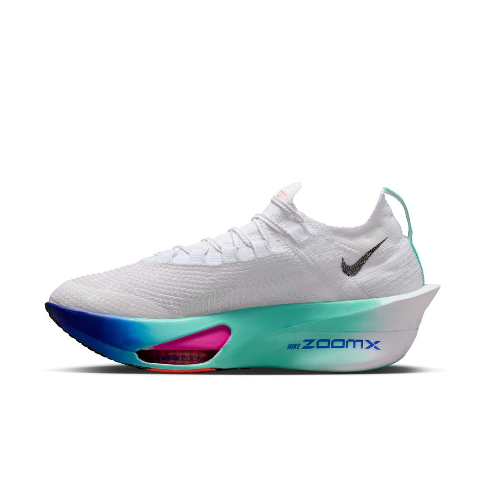 Medial side of the right shoe from a pair of Nike Men's Alphafly 3 Road Racing Shoes in the White/Black-Hyper Turquoise-Concord colourway.