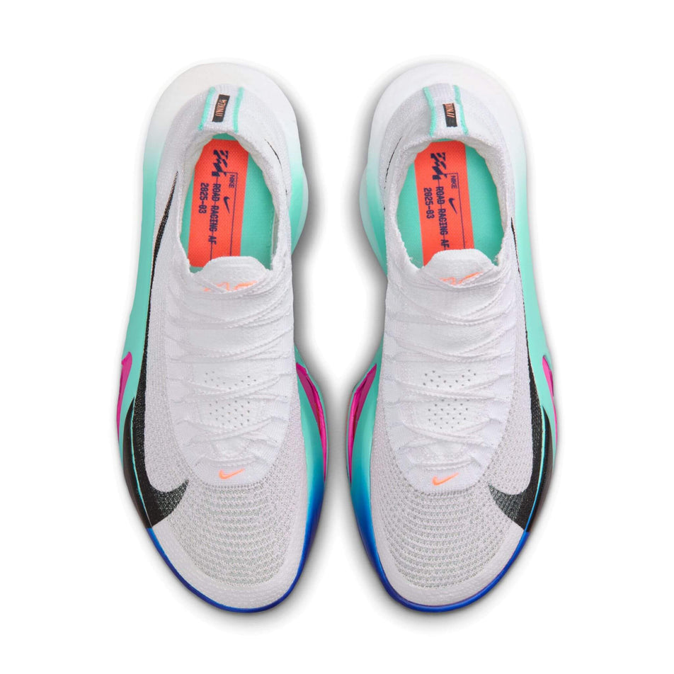 The uppers on a pair of Nike Men's Alphafly 3 Road Racing Shoes in the White/Black-Hyper Turquoise-Concord colourway.