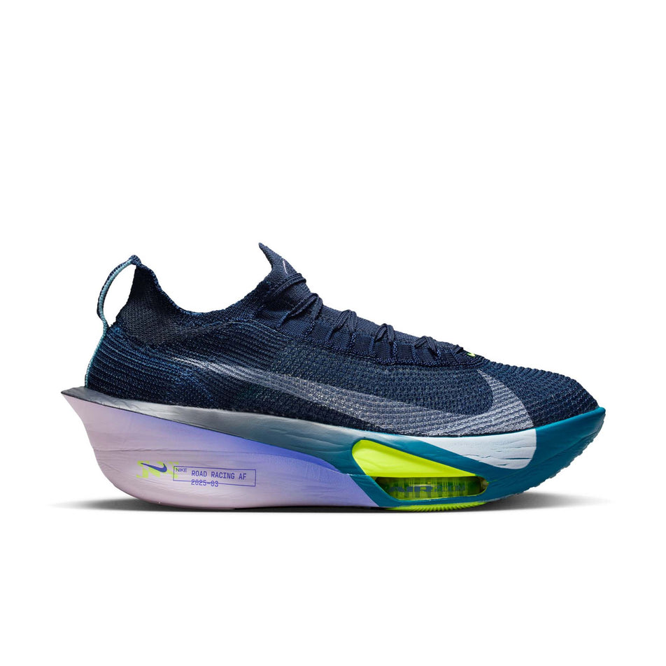 Lateral view of the right shoe from a pair of Nike Men's Alphafly 3 Road Racing Shoes in the Obsidian/White-Doll-Persian Violet colourway. (8753387798690)