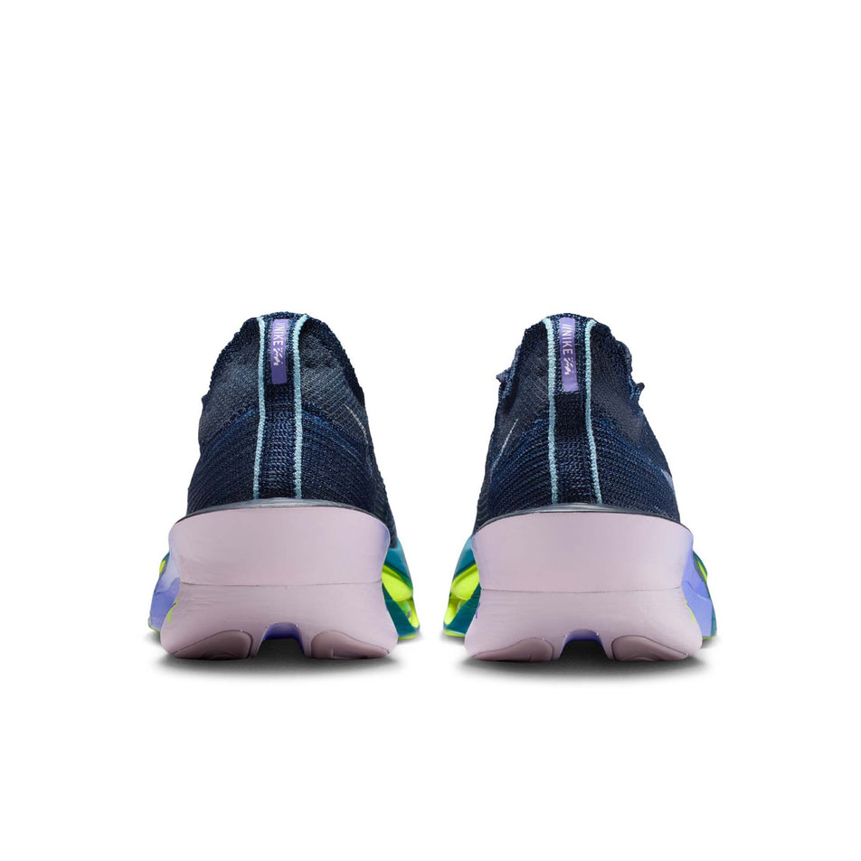 The back of a pair of Nike Men's Alphafly 3 Road Racing Shoes in the Obsidian/White-Doll-Persian Violet colourway. (8753387798690)