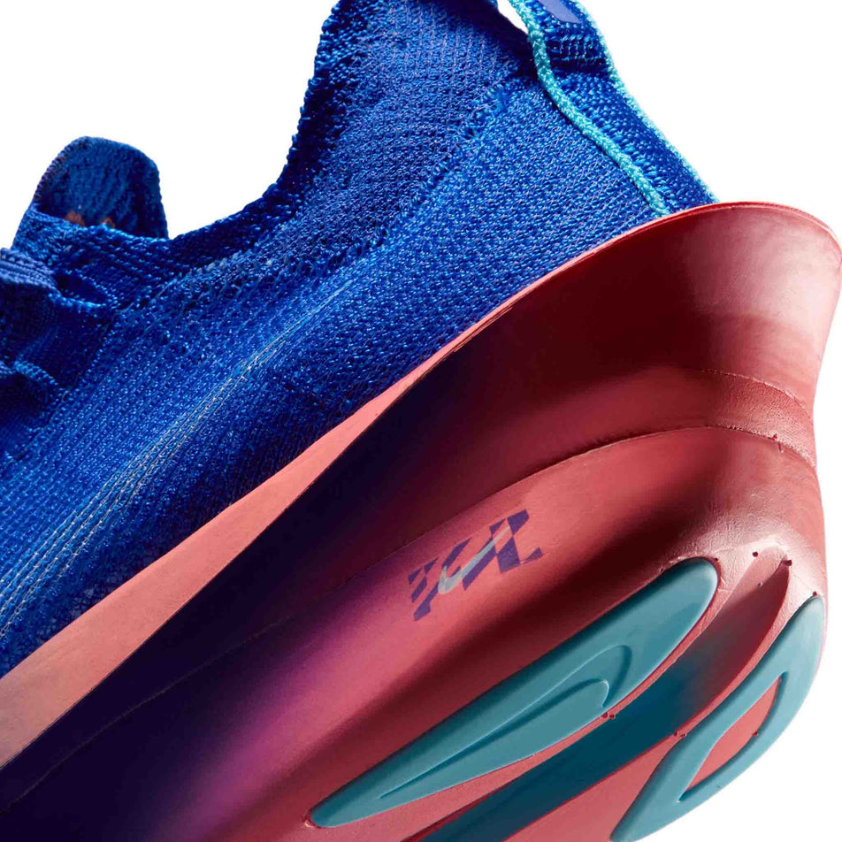 Close-up view of the rearfoot section of the left shoe from a pair of Nike Men's Alphafly 3 Road Racing Shoes in the Racer Blue/White-Atomic Blue colourway.