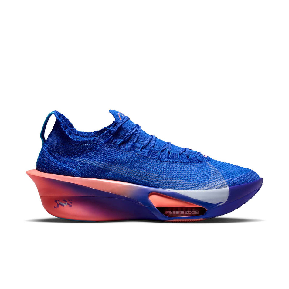 Lateral view of the right shoe from a pair of Nike Men's Alphafly 3 Road Racing Shoes in the Racer Blue/White-Atomic Blue colourway.