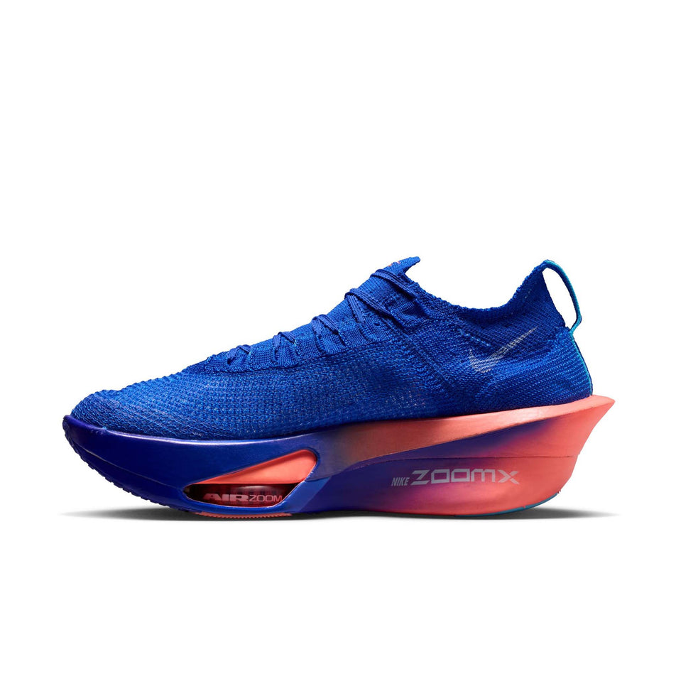 Medial view of the right shoe from a pair of Nike Men's Alphafly 3 Road Racing Shoes in the Racer Blue/White-Atomic Blue colourway.