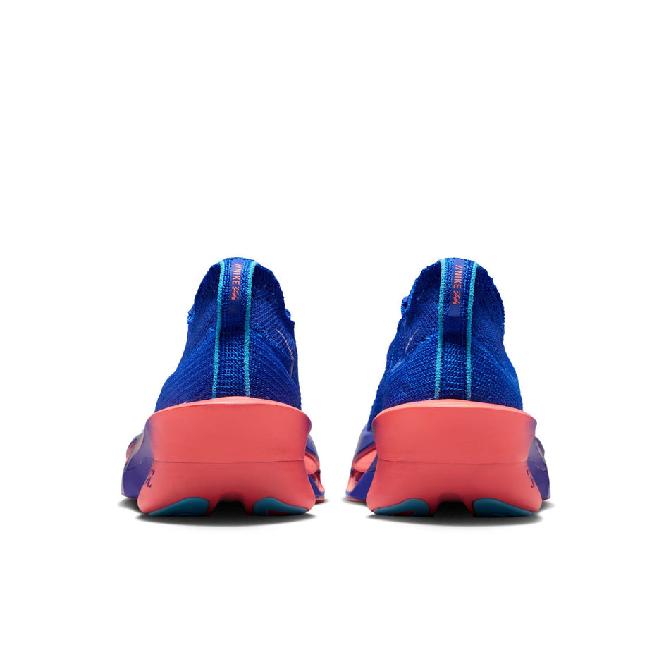 The back of a pair of Nike Men's Alphafly 3 Road Racing Shoes in the Racer Blue/White-Atomic Blue colourway.