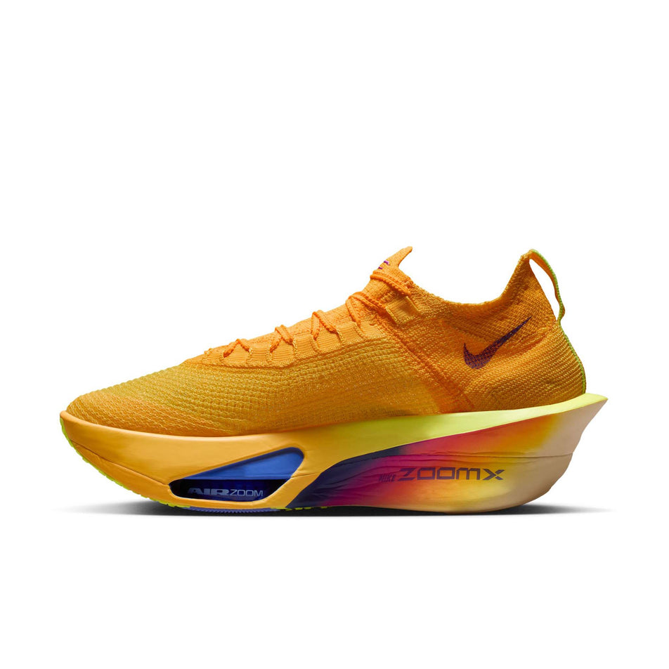 Medial view of the right shoe from a pair of Nike Men's Alphafly 3 Running Shoes in the Laser Orange/Indigo Burst-Citron Pulse colourway.