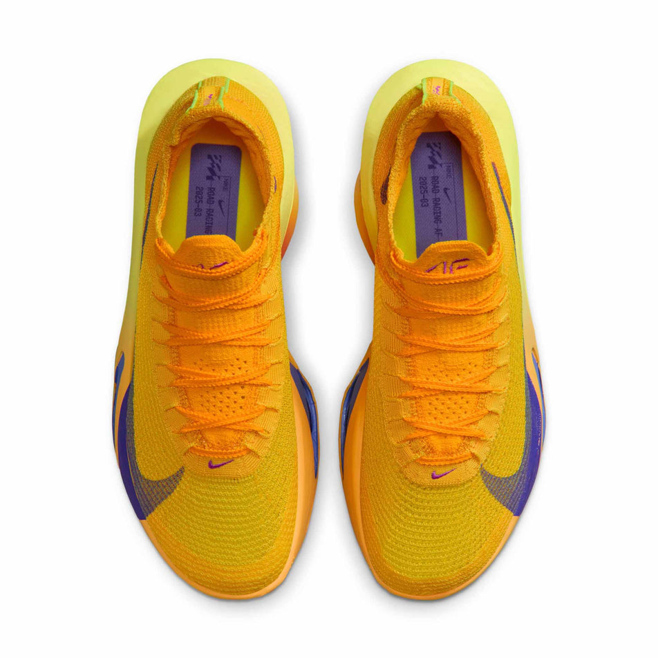 The uppers of a pair of Nike Men's Alphafly 3 Running Shoes in the Laser Orange/Indigo Burst-Citron Pulse colourway.