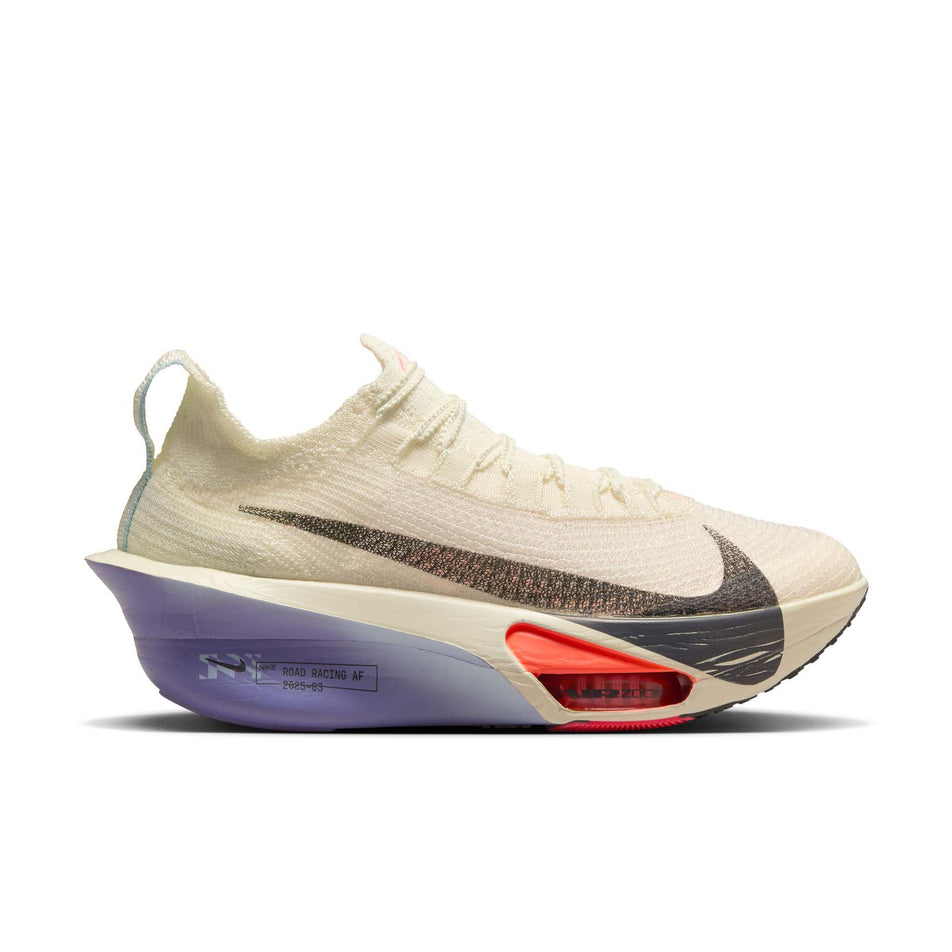 Lateral view of the right shoe from a pair of Nike Women's Alphafly 3 Road Racing Shoes in the Coconut Milk/Off Noir-Dusty Amethyst colourway. (8614530875554)