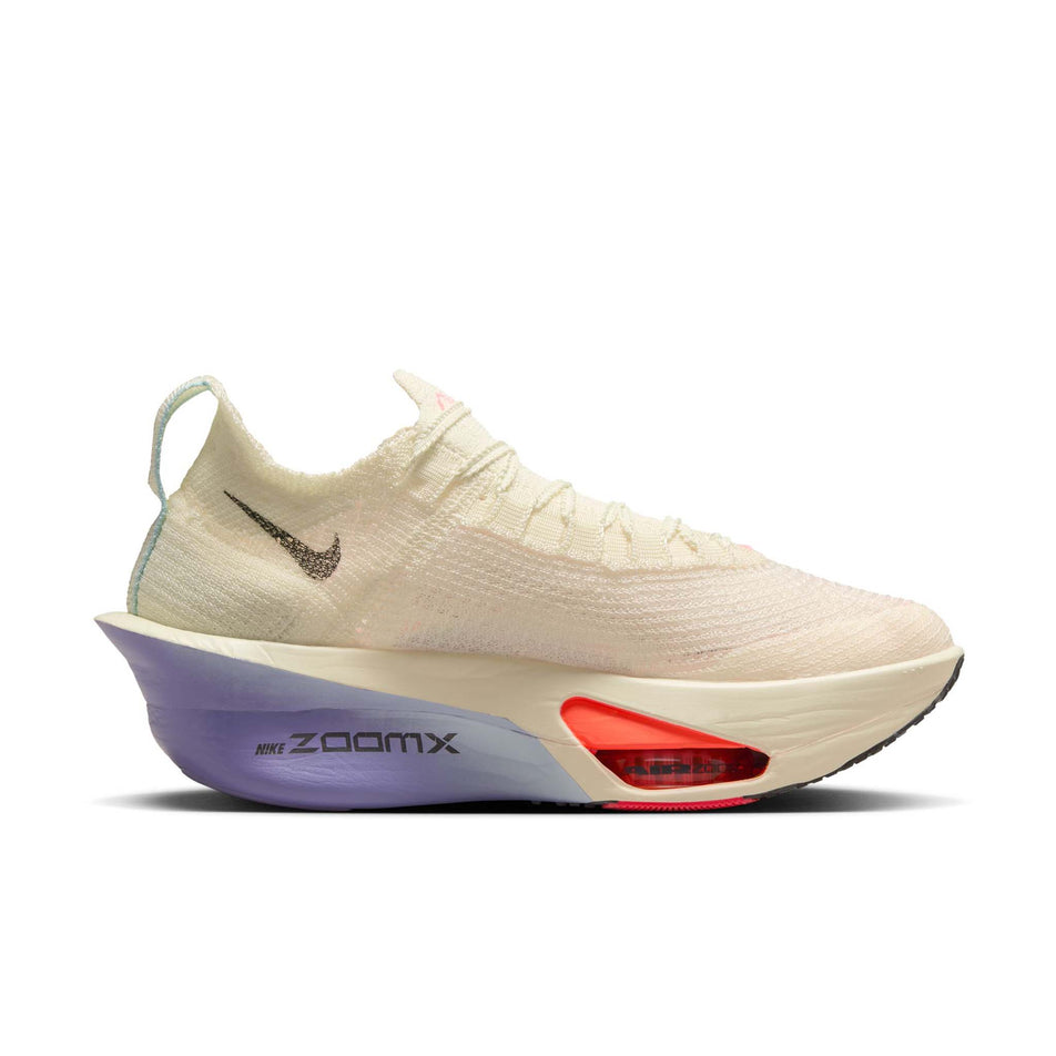 Medial view of the left shoe from a pair of Nike Women's Alphafly 3 Road Racing Shoes in the Coconut Milk/Off Noir-Dusty Amethyst colourway. (8614530875554)