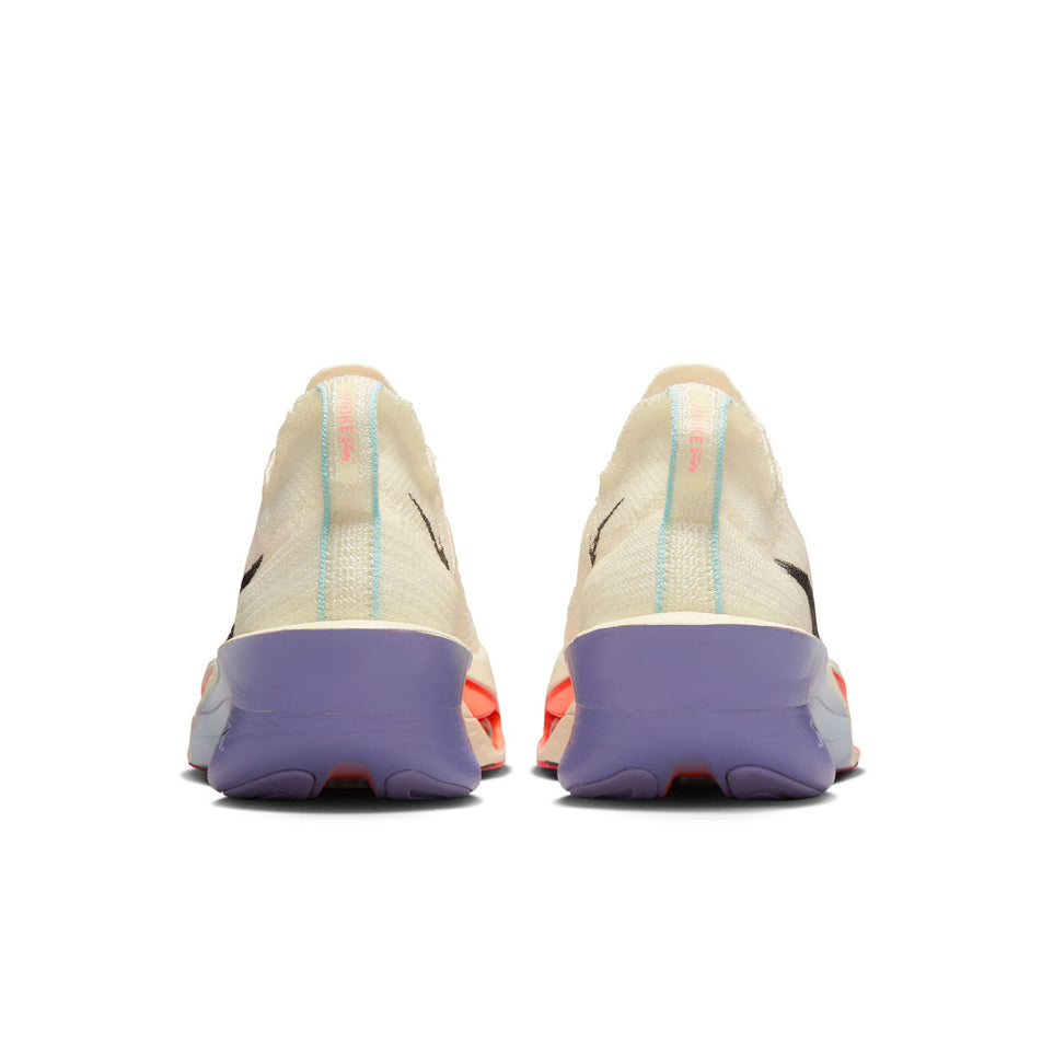 The back of a pair of Nike Women's Alphafly 3 Road Racing Shoes in the Coconut Milk/Off Noir-Dusty Amethyst colourway. (8614530875554)