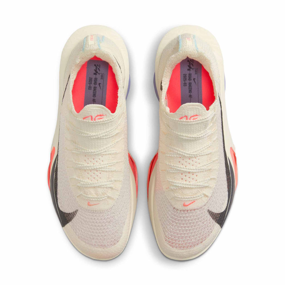 The uppers of a pair of Nike Women's Alphafly 3 Road Racing Shoes in the Coconut Milk/Off Noir-Dusty Amethyst colourway. (8614530875554)