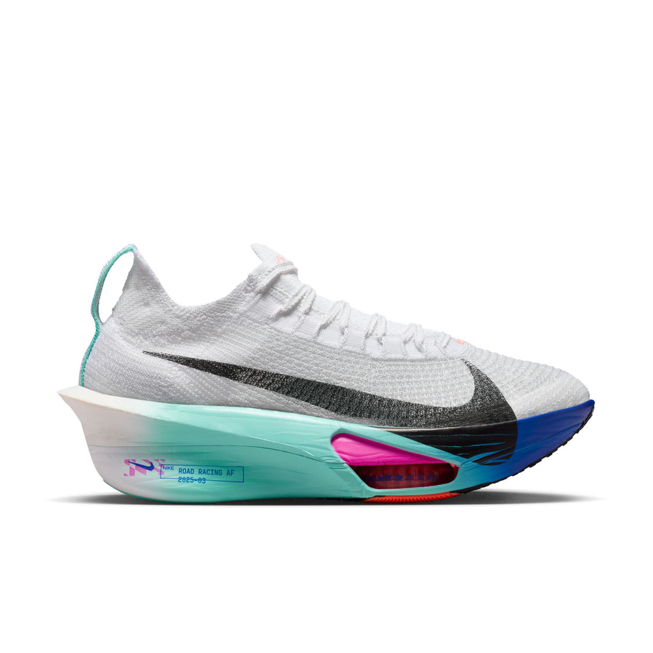 Lateral view of the right shoe from a pair of Nike Women's Alphafly 3 Road Racing Shoes in the White/Black-Hyper Turquoise-Concord colourway. (8756126056610)