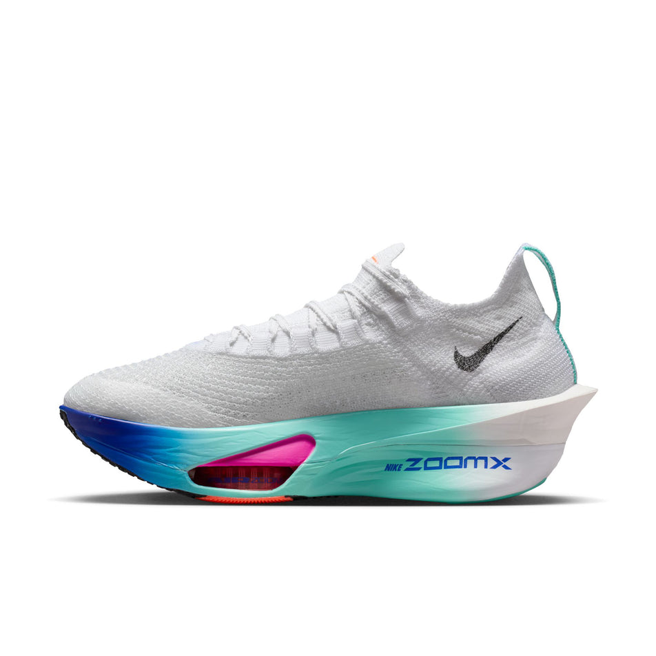 Medial view of the right shoe from a pair of Nike Women's Alphafly 3 Road Racing Shoes in the White/Black-Hyper Turquoise-Concord colourway. (8756126056610)