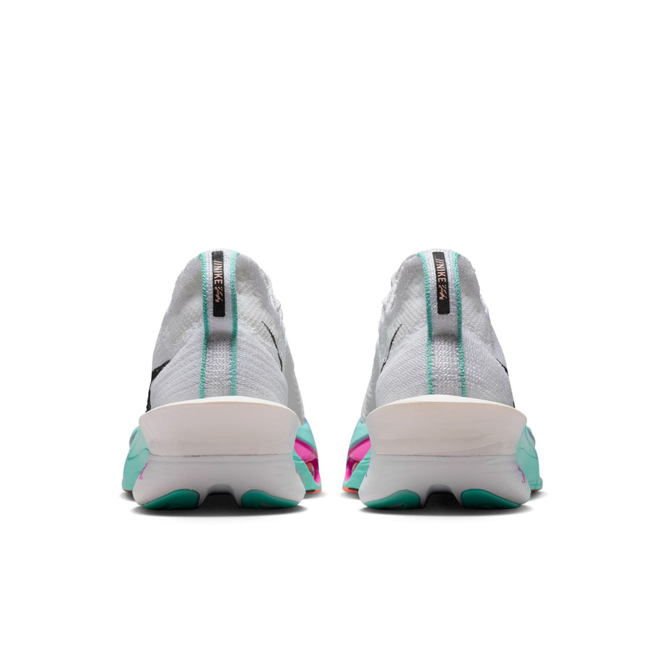 The back of a pair of Nike Women's Alphafly 3 Road Racing Shoes in the White/Black-Hyper Turquoise-Concord colourway. (8756126056610)