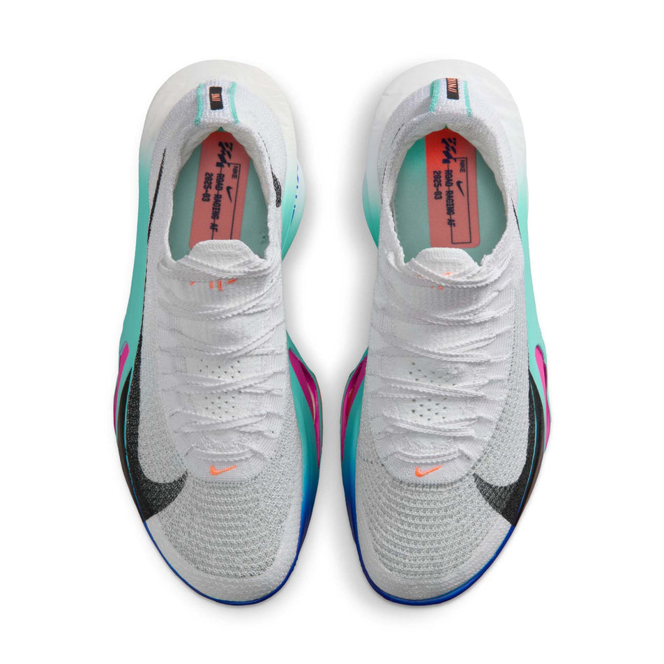 The uppers of a pair of Nike Women's Alphafly 3 Road Racing Shoes in the White/Black-Hyper Turquoise-Concord colourway. (8756126056610)