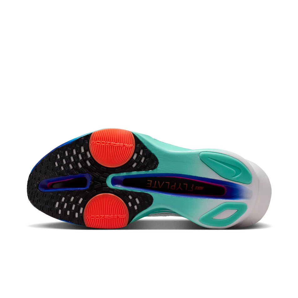 The outsole of the left shoe from a pair of Nike Women's Alphafly 3 Road Racing Shoes in the White/Black-Hyper Turquoise-Concord colourway. (8756126056610)