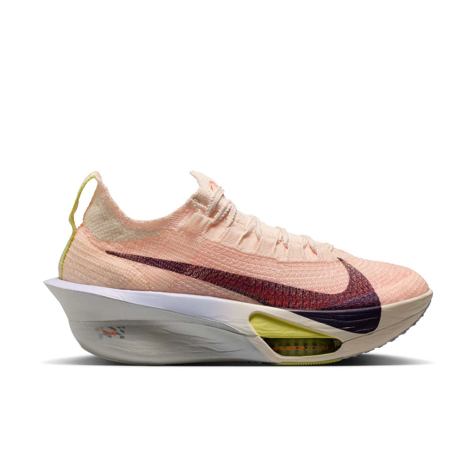 Lateral view of the right shoe from a pair of Nike Women's Alphafly 3 Road Racing Shoes in the Chalk/Purple Dynasty-Hyper Crimson colourway.
