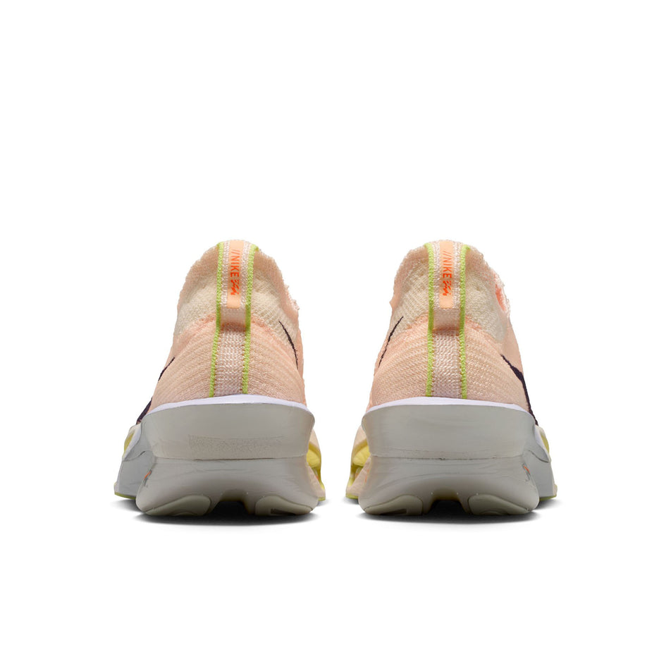 The back of a pair of Nike Women's Alphafly 3 Road Racing Shoes in the Chalk/Purple Dynasty-Hyper Crimson colourway.