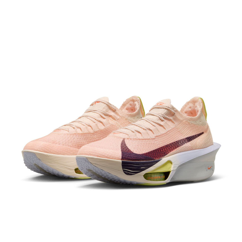 A pair of Nike Women's Alphafly 3 Road Racing Shoes in the Chalk/Purple Dynasty-Hyper Crimson colourway.