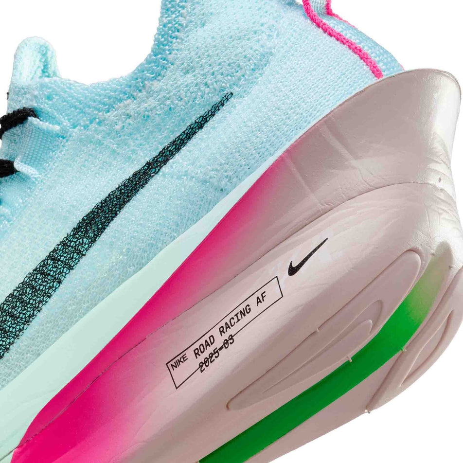 Close up of the midsole of the left shoe from a pair of Nike Women's Alphafly 3 Road Racing Shoes in the Glacier Blue/Black-Mint Foam-Green Shock colourway. (8684602917026)