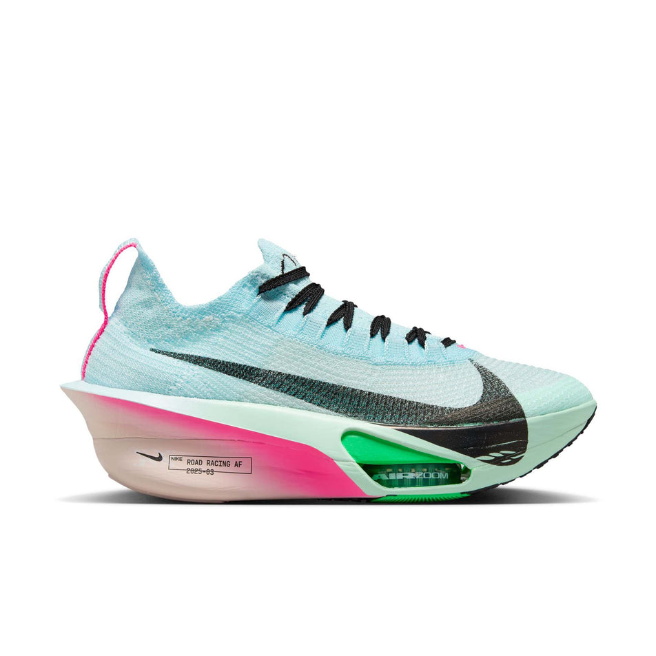 Lateral view of the right shoe from a pair of Nike Women's Alphafly 3 Road Racing Shoes in the Glacier Blue/Black-Mint Foam-Green Shock colourway. (8684602917026)