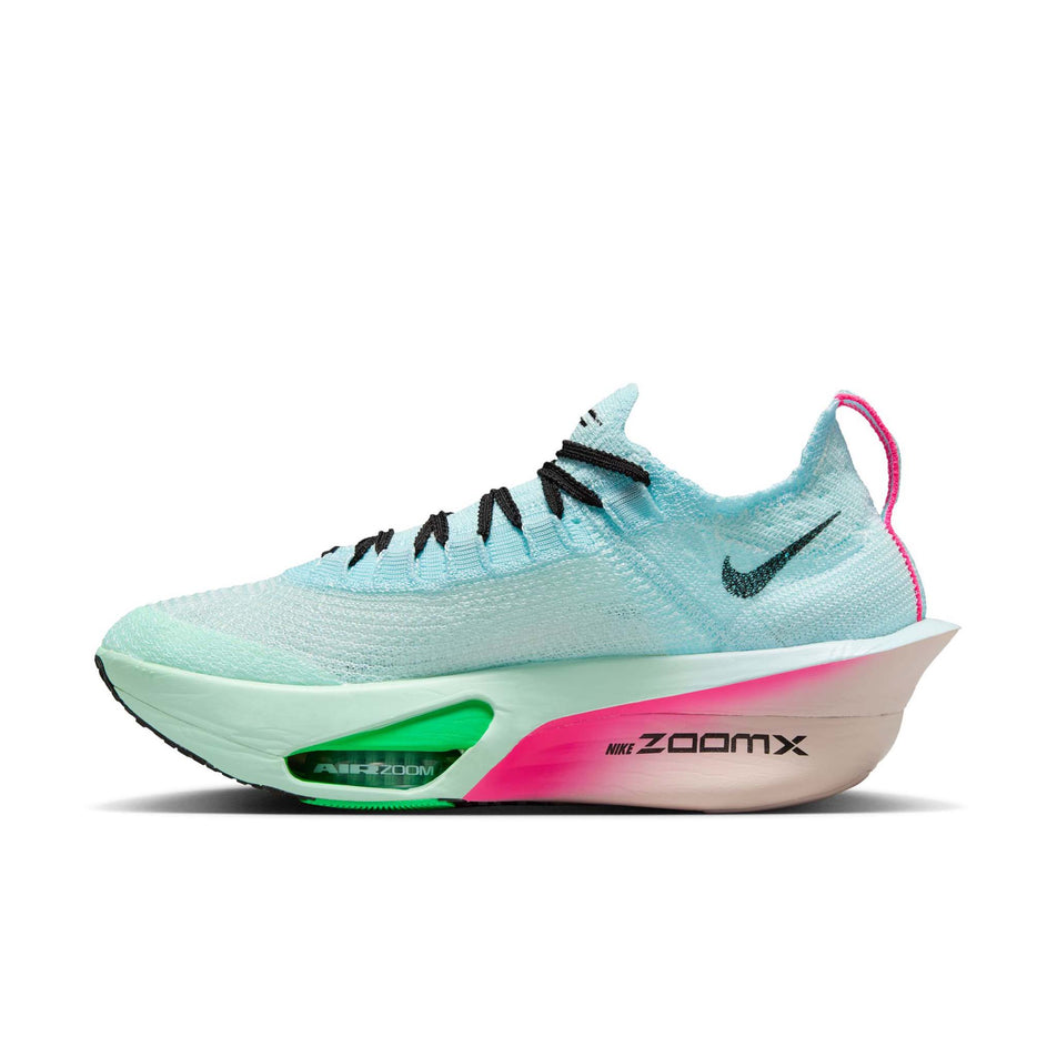 Medial view of the right shoe from a pair of Nike Women's Alphafly 3 Road Racing Shoes in the Glacier Blue/Black-Mint Foam-Green Shock colourway. (8684602917026)